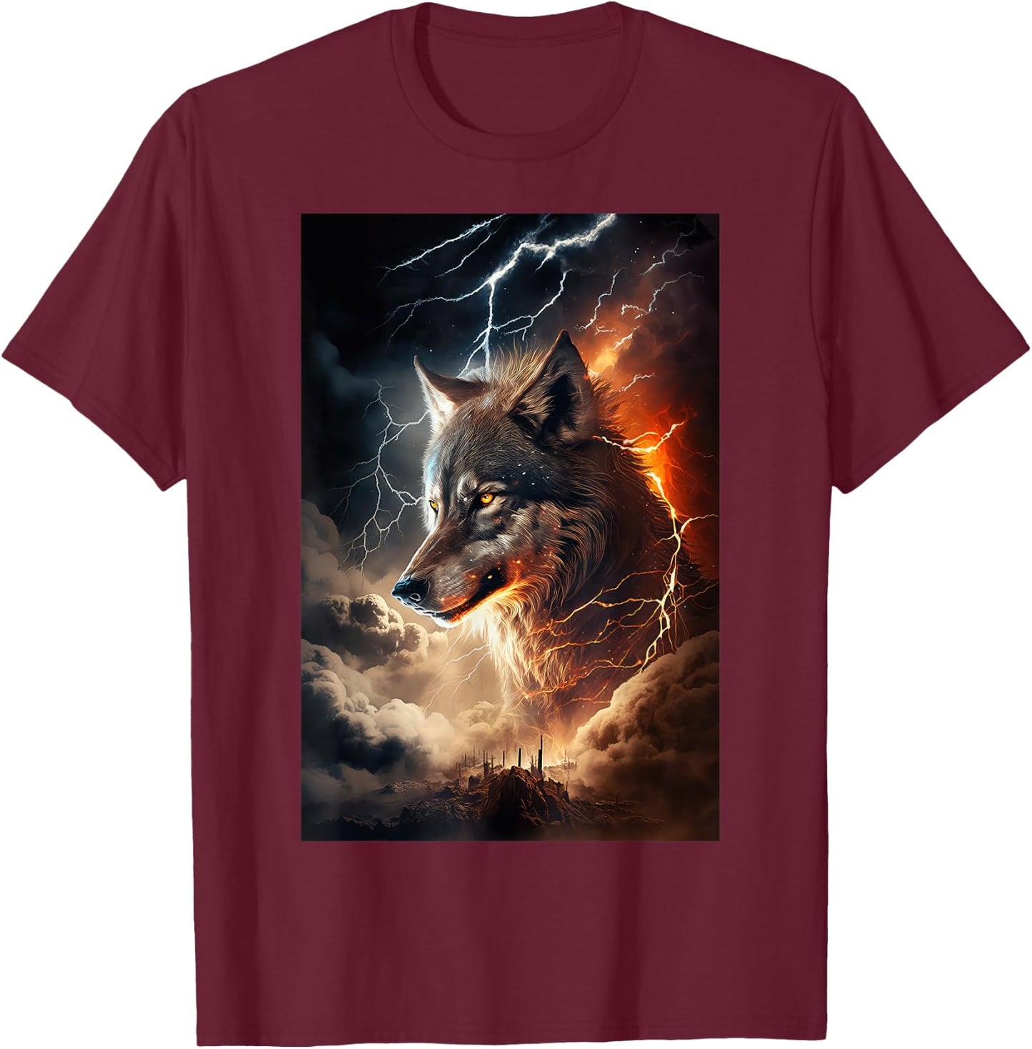 Wolf Lightning Thunder Wolf Lover T-Shirt - T-Shirt | Maroon