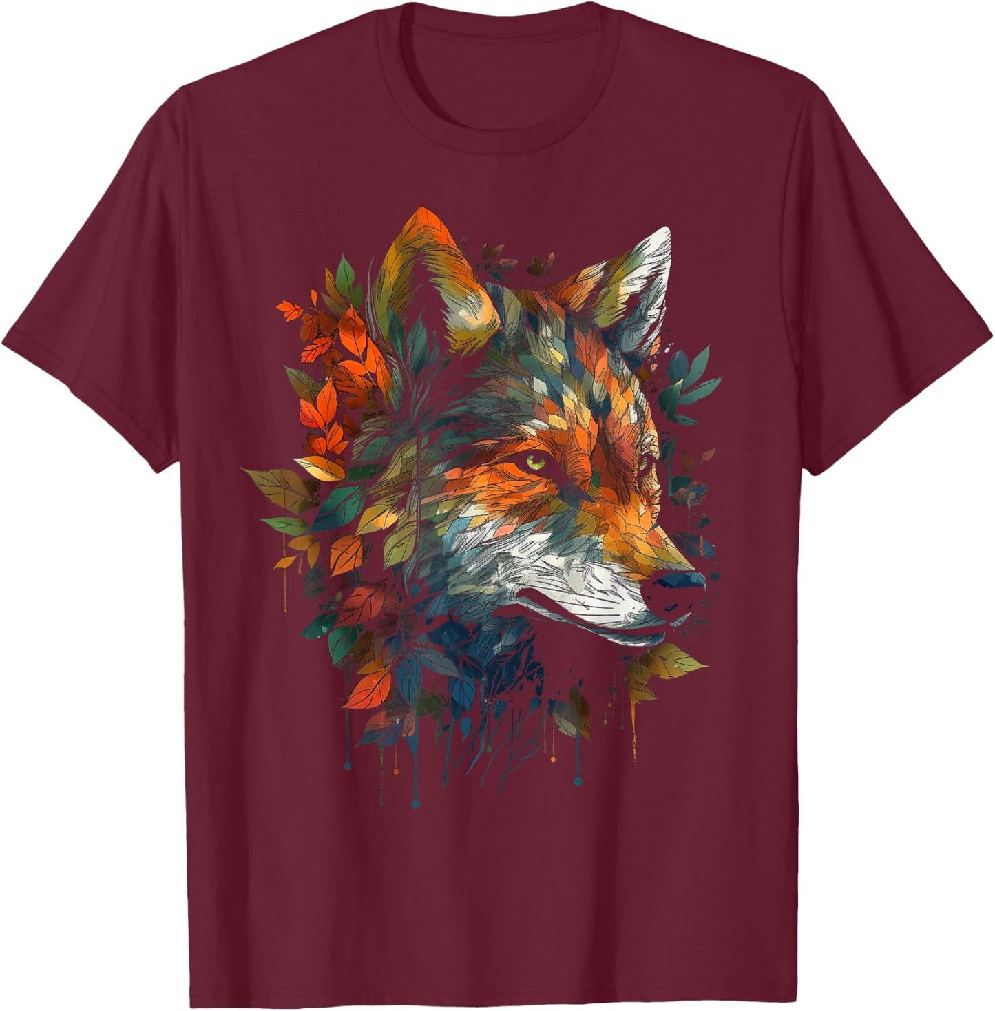 Wolf autumn leaves animal motif artwork - art animal wolf T-Shirt - T-Shirt | Maroon