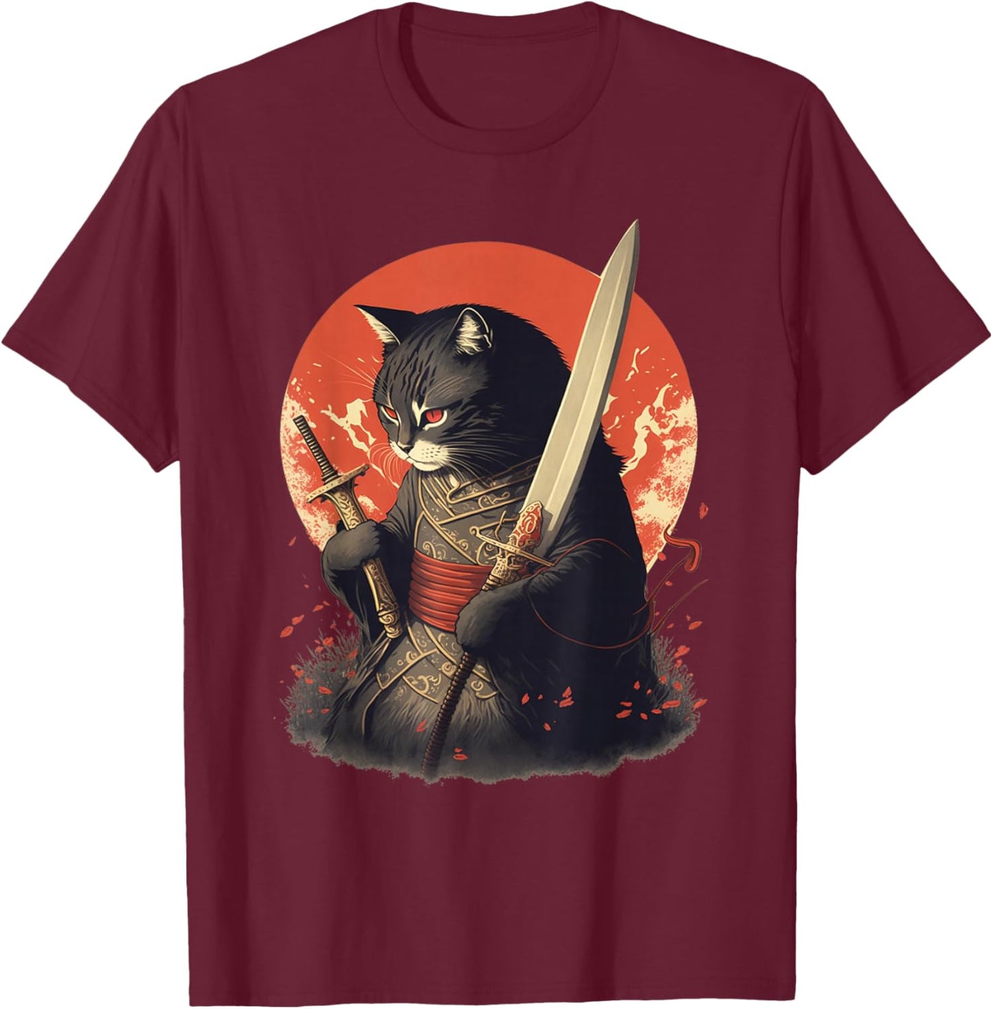 Retro Japanese Samurai Ninja Cat Kawaii Tattoo Graphic Style T-Shirt - T-Shirt | Maroon