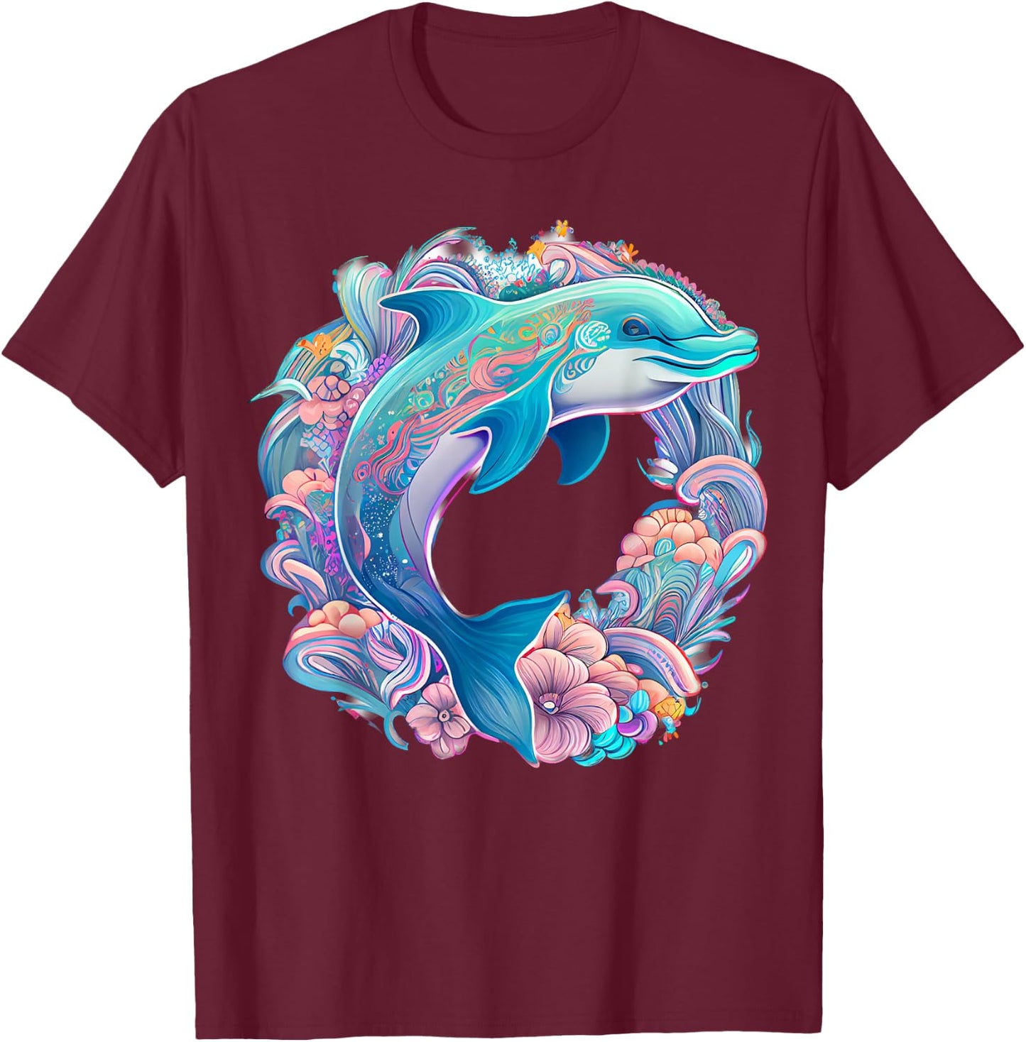 Easter Festive Illustration with Charming Dolphin Artwork T-Shirt - T-Shirt | Maroon