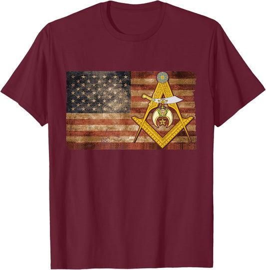 Shriners USA Flag Emblem Compass & Square Mason Father's Day T-Shirt - T-Shirt | Maroon