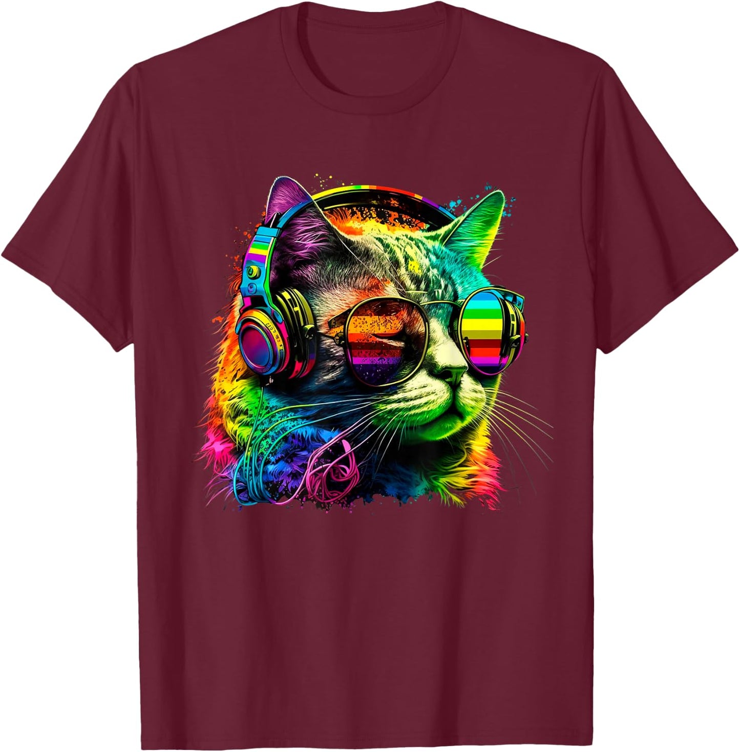 Rainbow DJ Cat with Sunglasses Headphones Music Funny Kitty T-Shirt - T-Shirt | Maroon