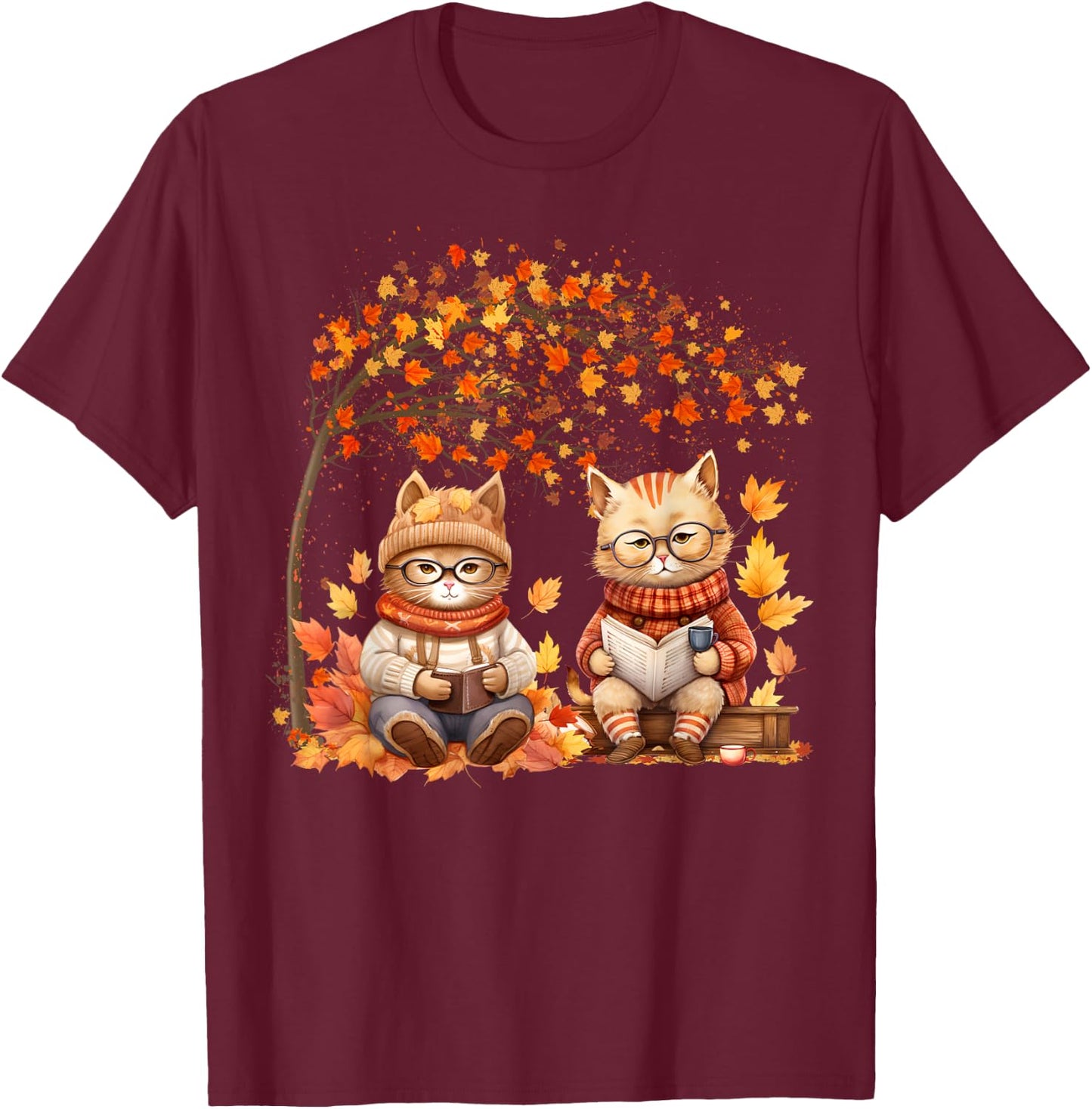 Cat Leaf Fall Hello Autumn Cat Kitten Lover Thanksgiving Men Women Kids T-Shirt - T-Shirt | Maroon
