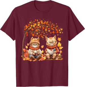 Cat Leaf Fall Hello Autumn Cat Kitten Lover Thanksgiving Men Women Kids T-Shirt - T-Shirt | Maroon