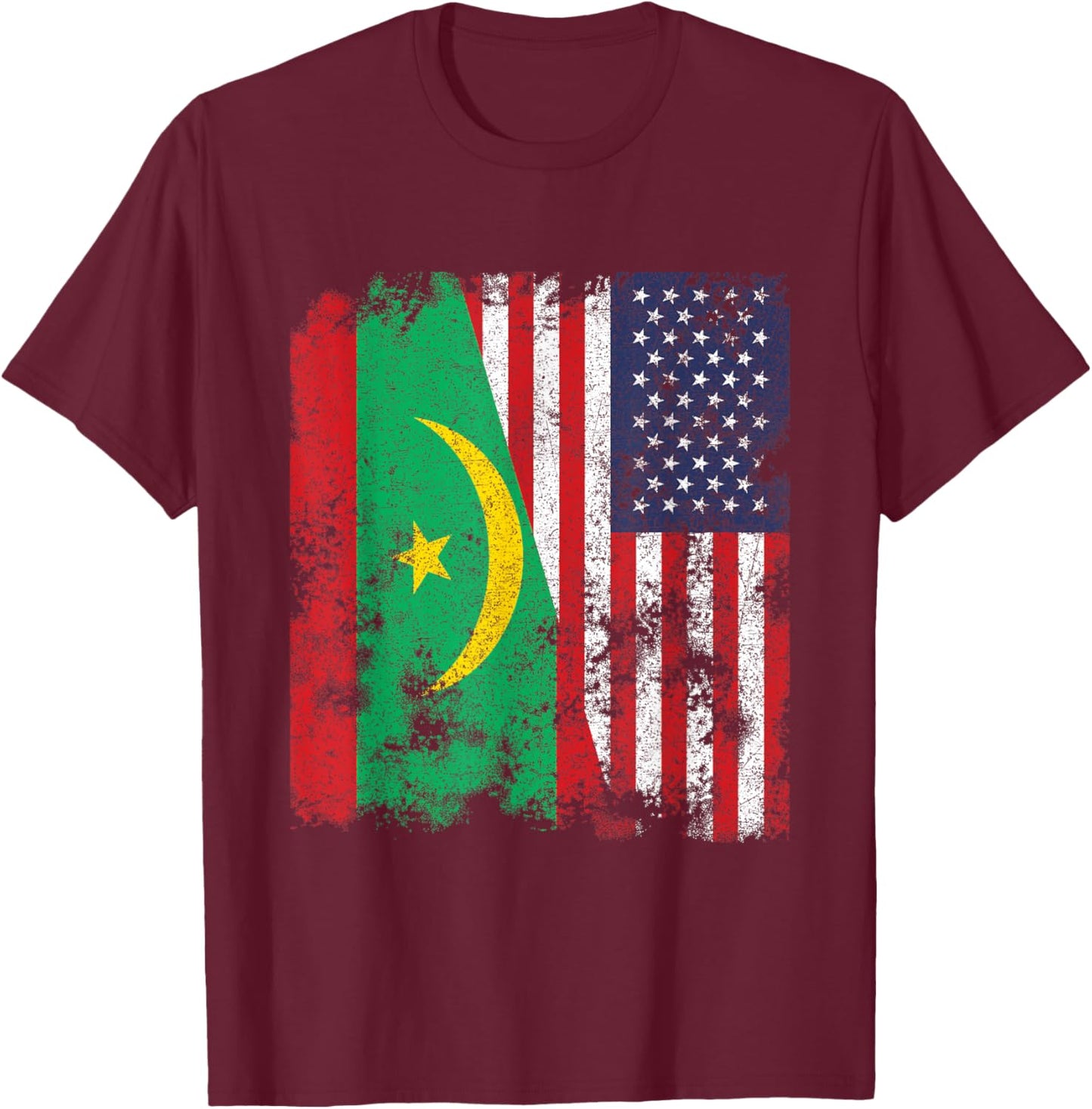 Mauritania USA Flag Distressed - Half American Women Kids Men T-Shirt - T-Shirt | Maroon