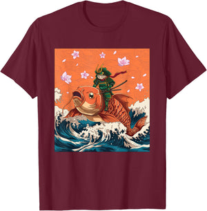 Vintage Japanese Samurai Neko Cat & Koi Fish | Ukiyo-e Style Men Women T-Shirt - T-Shirt | Maroon