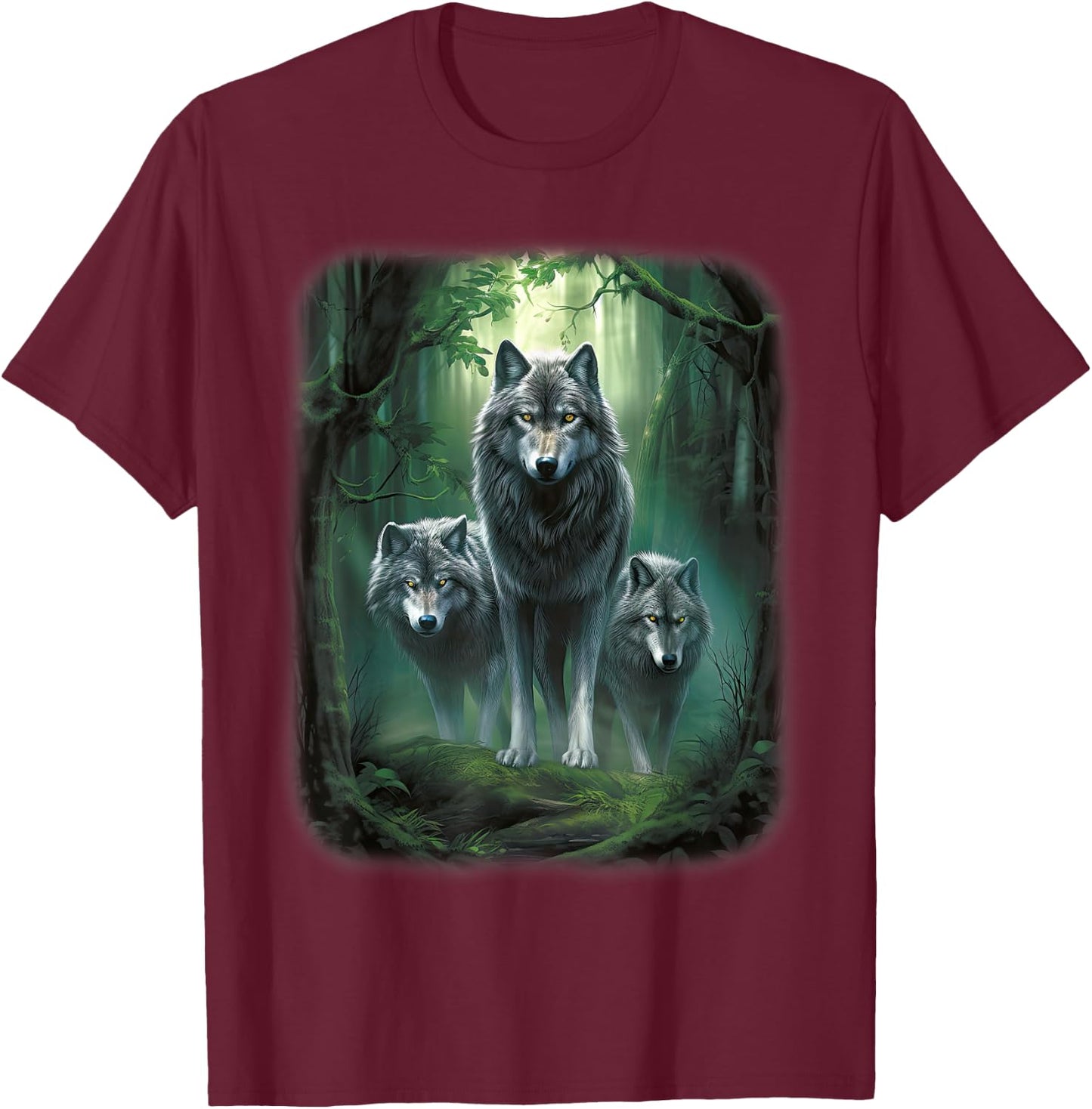 Wolf Wolves in Forest by Night Moon Fantasy Art Wildlife T-Shirt - T-Shirt | Maroon