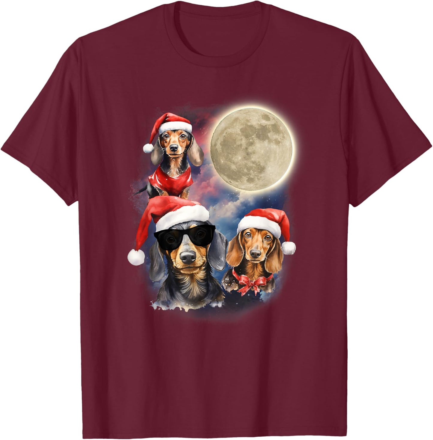 Dachshunds Howling At Moon Funny Festive Dachshund Christmas T-Shirt - T-Shirt | Maroon