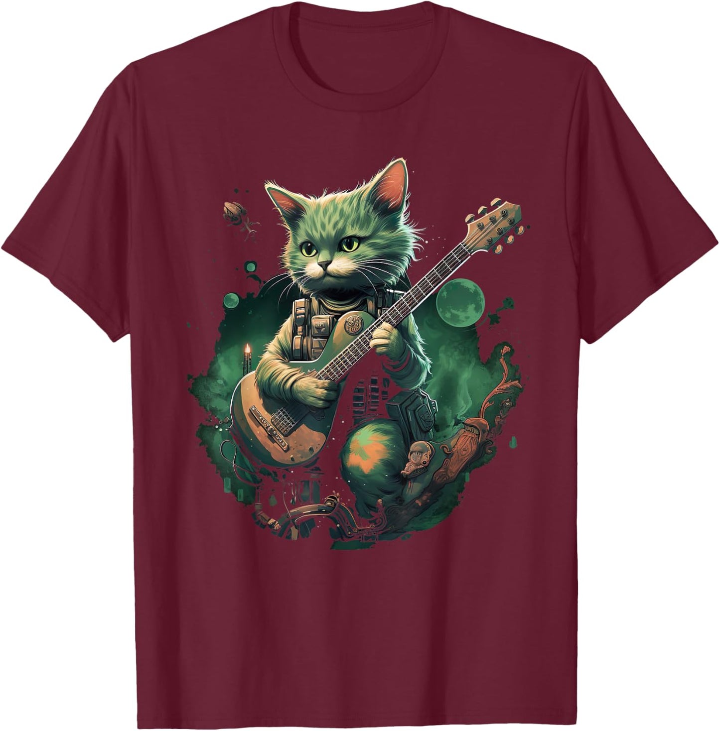 Rock Cat Playing Guitar Cat Funny Guitar Cat Kitty T-Shirt - T-Shirt | Maroon