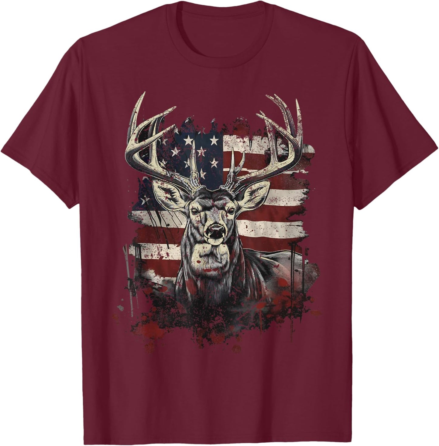 Buck White Tail Deer Hunting Hunter Distressed American Flag T-Shirt - T-Shirt | Maroon