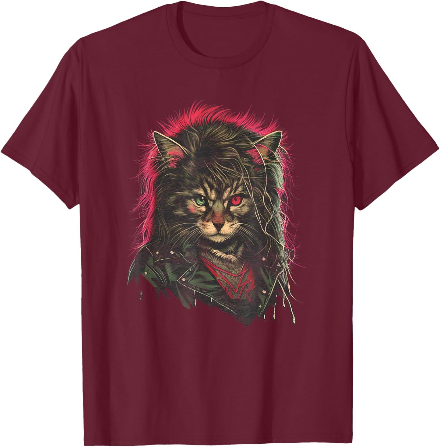 Heavy Metal Hair Glam Cat Retro Distressed 80s Men Women T-Shirt - T-Shirt | Maroon