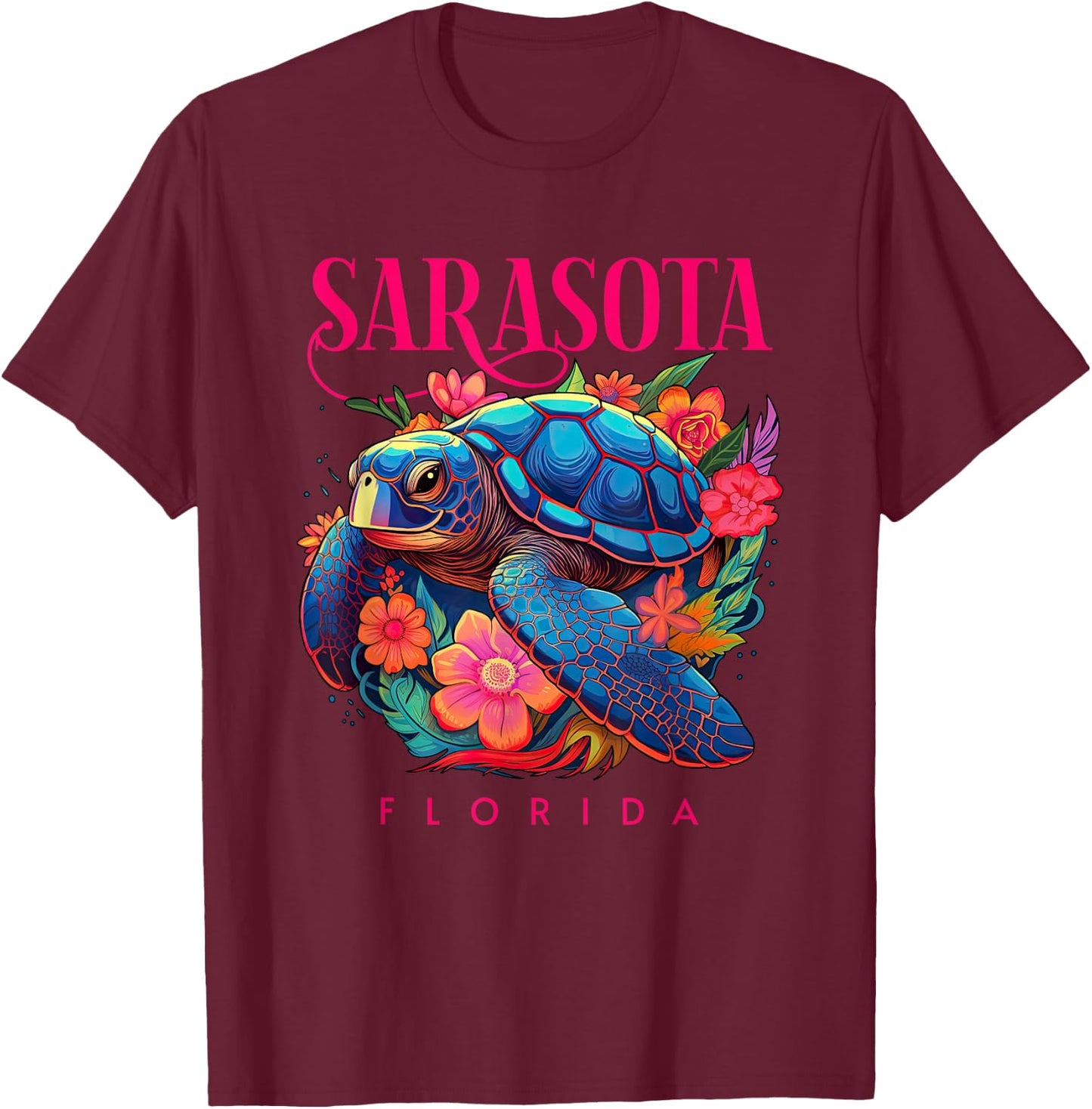 Sarasota Florida Floral Beach Turtle Souvenir T-Shirt - T-Shirt | Maroon