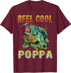 Funny Fathers Day Vintage Fishing Reel Cool Poppa T-Shirt - T-Shirt | Maroon