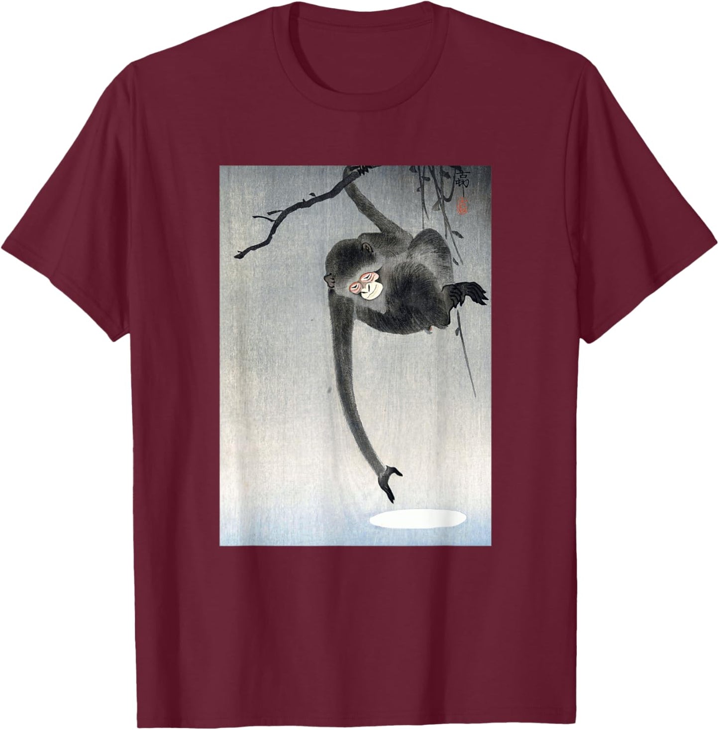 Monkey and Reflection of the Moon by Ohara Koson Shin-hanga T-Shirt - T-Shirt | Maroon