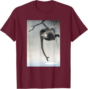 Monkey and Reflection of the Moon by Ohara Koson Shin-hanga T-Shirt - T-Shirt | Maroon
