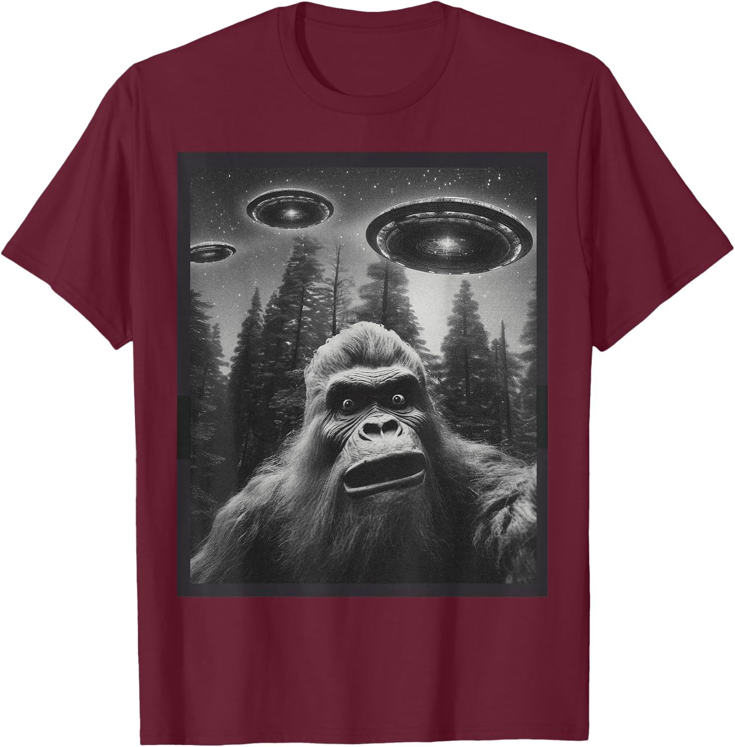 CAT Funny Women Bigfoot Sasquatch Alien UFO T-Shirt - T-Shirt | Maroon