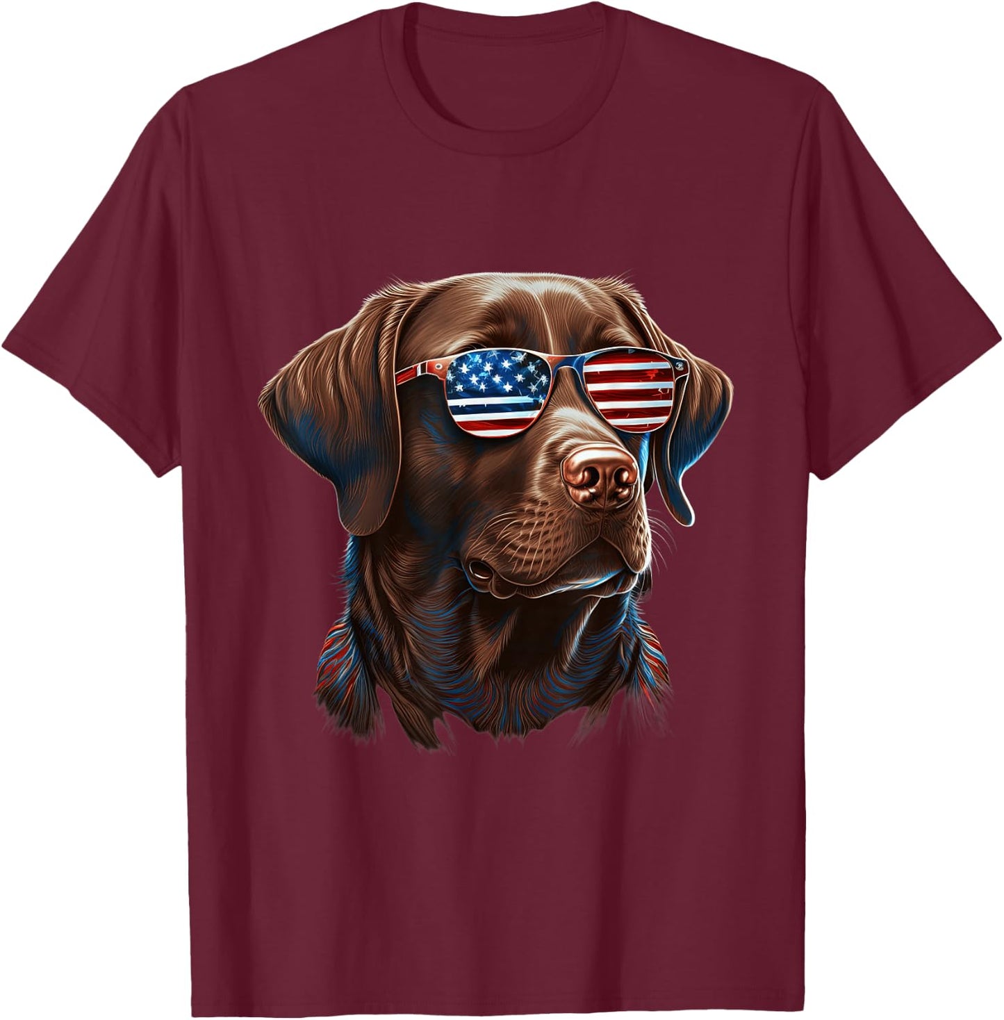 Chocolate Labrador With USA Sunglasses On T-Shirt - T-Shirt | Maroon