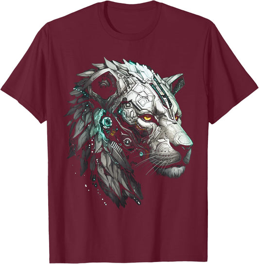 Lion Animal Robot Fantasy Art - Animal Motif Artwork Lion T-Shirt - T-Shirt | Maroon