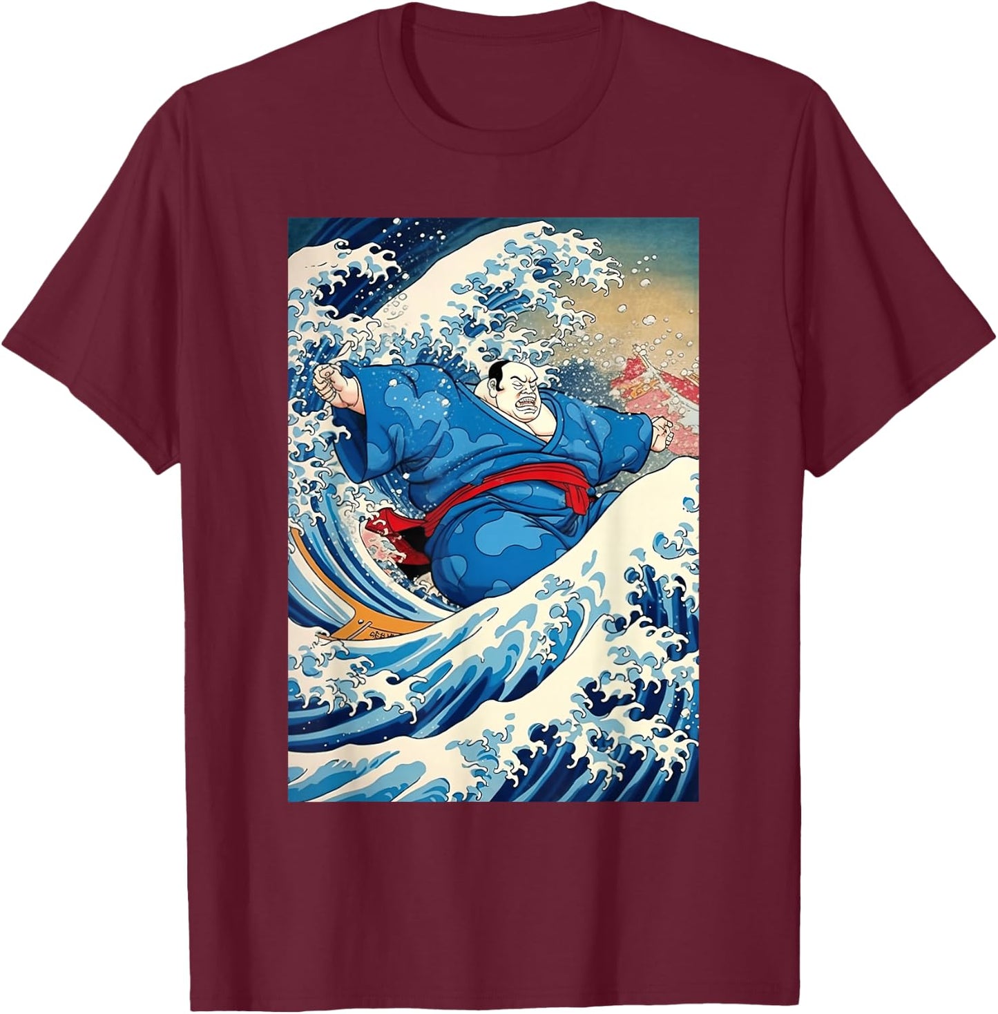 Funny Kanagawa Great Wave with Sumo Wrestler Surfing T-Shirt - T-Shirt | Maroon