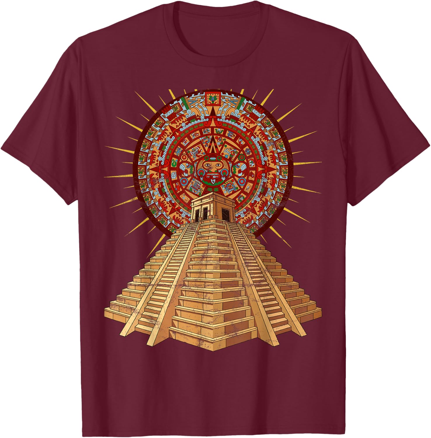 Ancient Sacred Mayan Aztec Calendar Pyramid Geometry T-Shirt - T-Shirt | Maroon