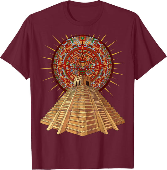Ancient Sacred Mayan Aztec Calendar Pyramid Geometry T-Shirt - T-Shirt | Maroon