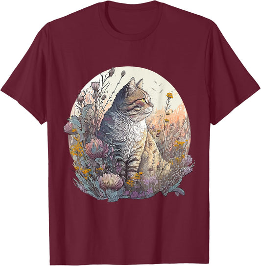 Cute Cottagecore Floral Cat Aesthetic Girls Women Graphic T-Shirt - T-Shirt | Maroon