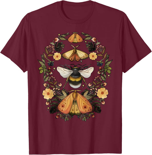 Moth & Bee Cottagecore Dark Academia Butterfly Forestcore T-Shirt - T-Shirt | Maroon