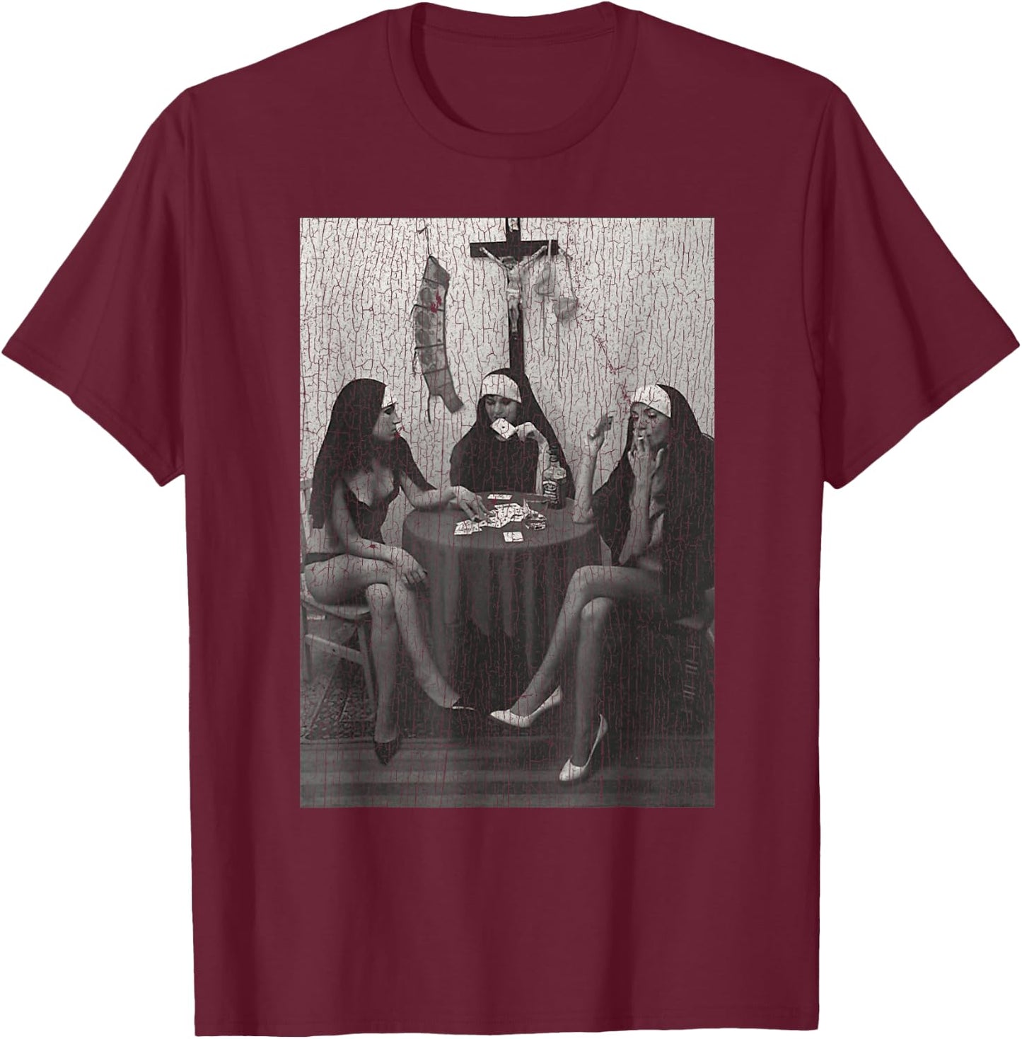Vintage Nuns Naked Playing Card Smoking T-Shirt - T-Shirt | Maroon