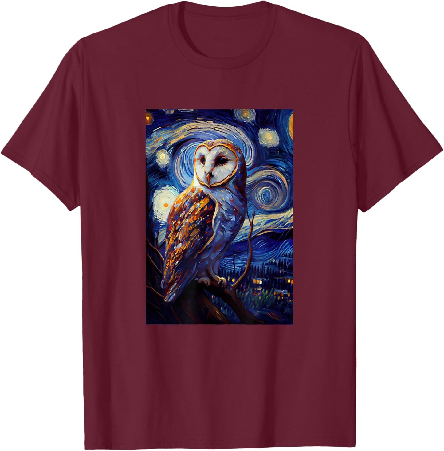 Starry Night Famous Painting Style Barn Owl T-Shirt - T-Shirt | Maroon