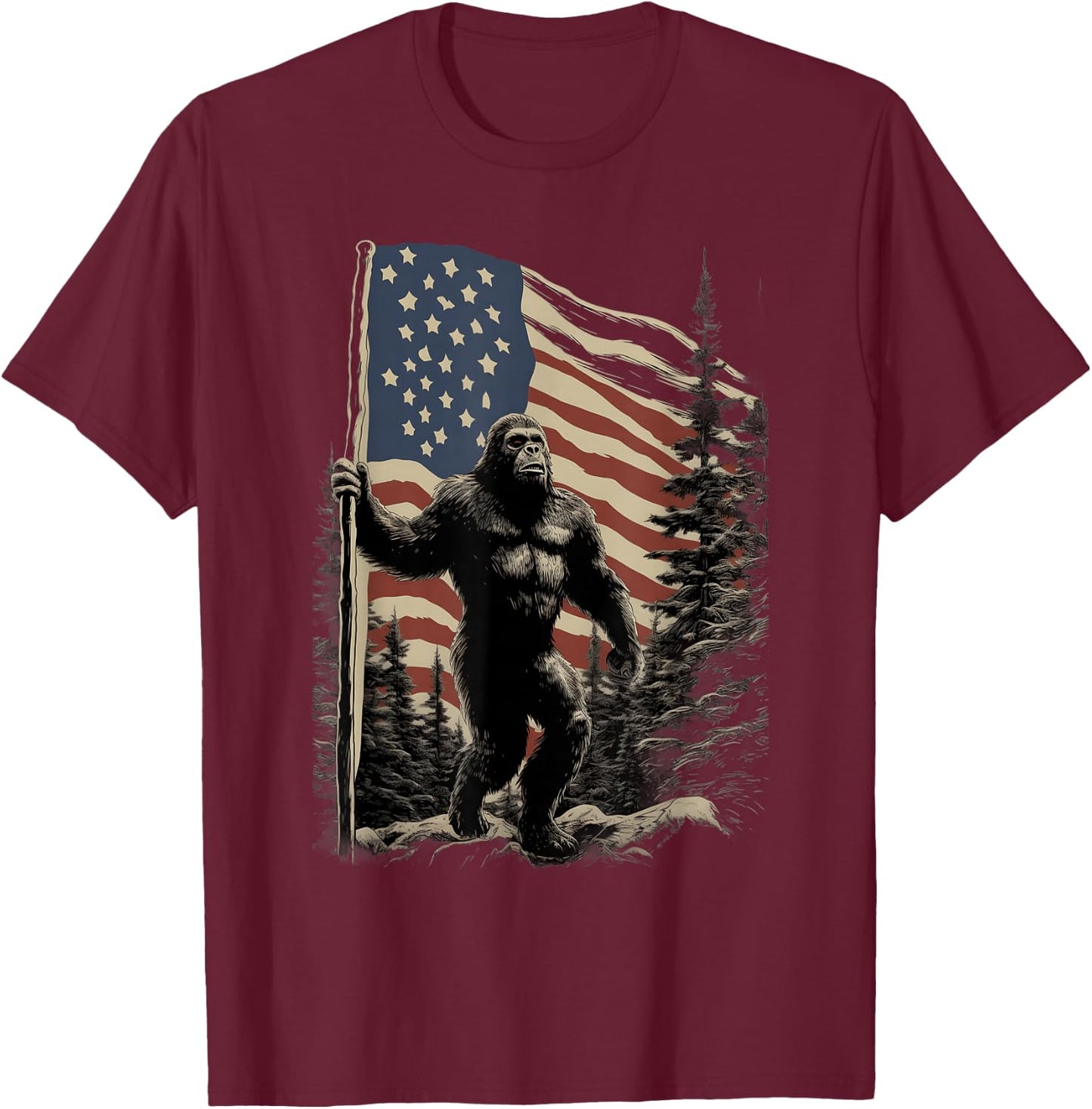 American Flag Bigfoot Patriotic Wilderness Forest T-Shirt - T-Shirt | Maroon