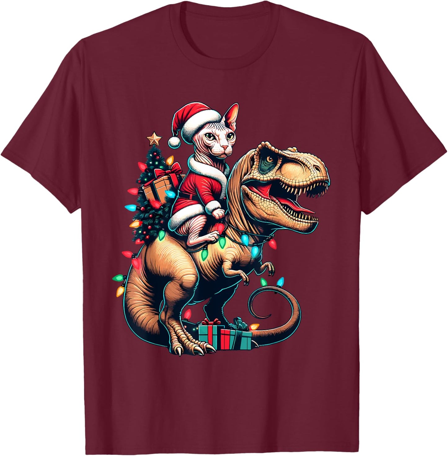 Funny Sphynx Cat Rides Santa T-Rex Vintage Christmas Sphynx Women Kids T-Shirt - T-Shirt | Maroon