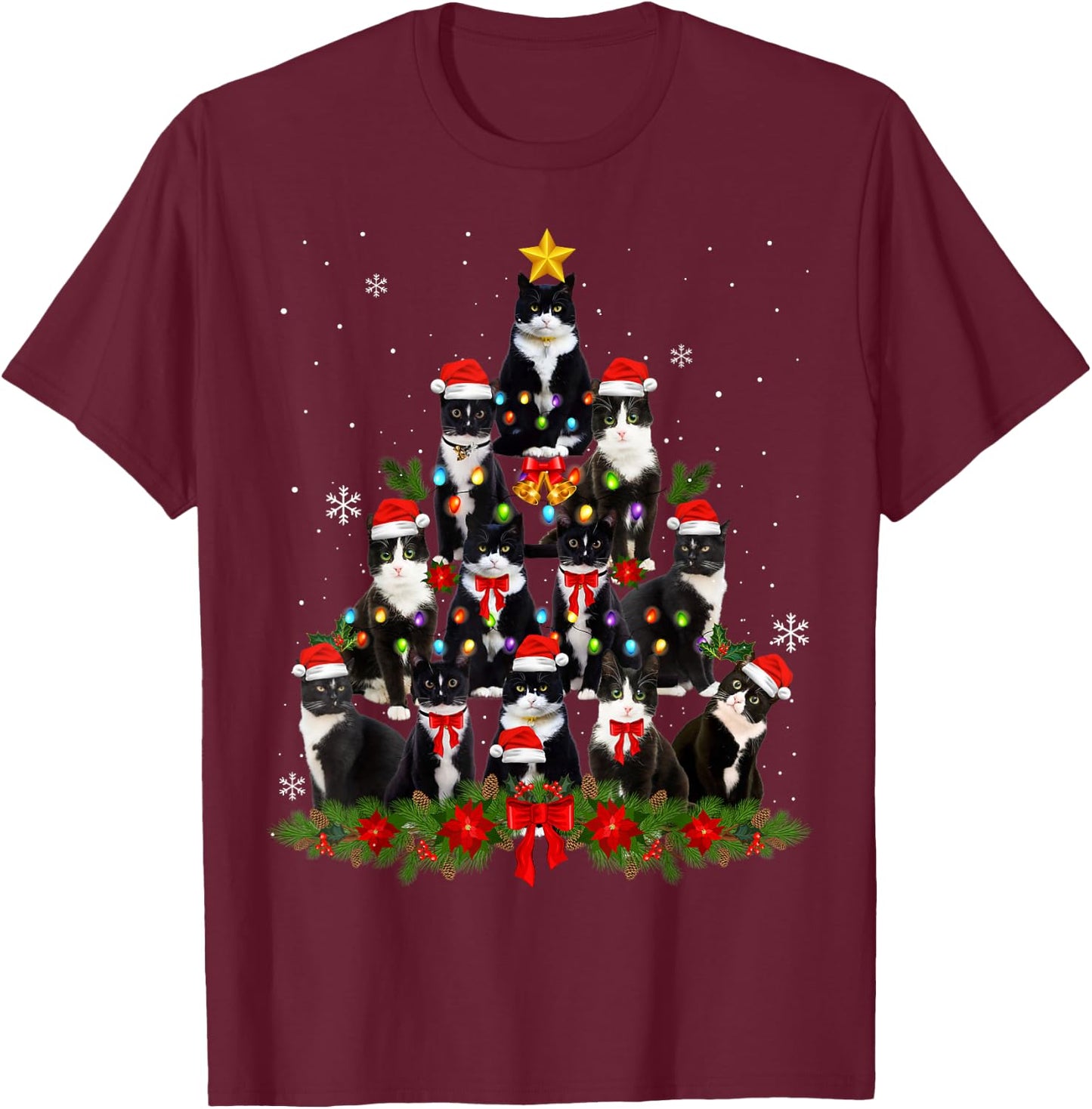 Tuxedo Cat Christmas Tree Tuxedo Cat Lights Xmas Matching T-Shirt - T-Shirt | Maroon