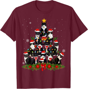 Tuxedo Cat Christmas Tree Tuxedo Cat Lights Xmas Matching T-Shirt - T-Shirt | Maroon