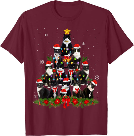 Tuxedo Cat Christmas Tree Tuxedo Cat Lights Xmas Matching T-Shirt - T-Shirt | Maroon
