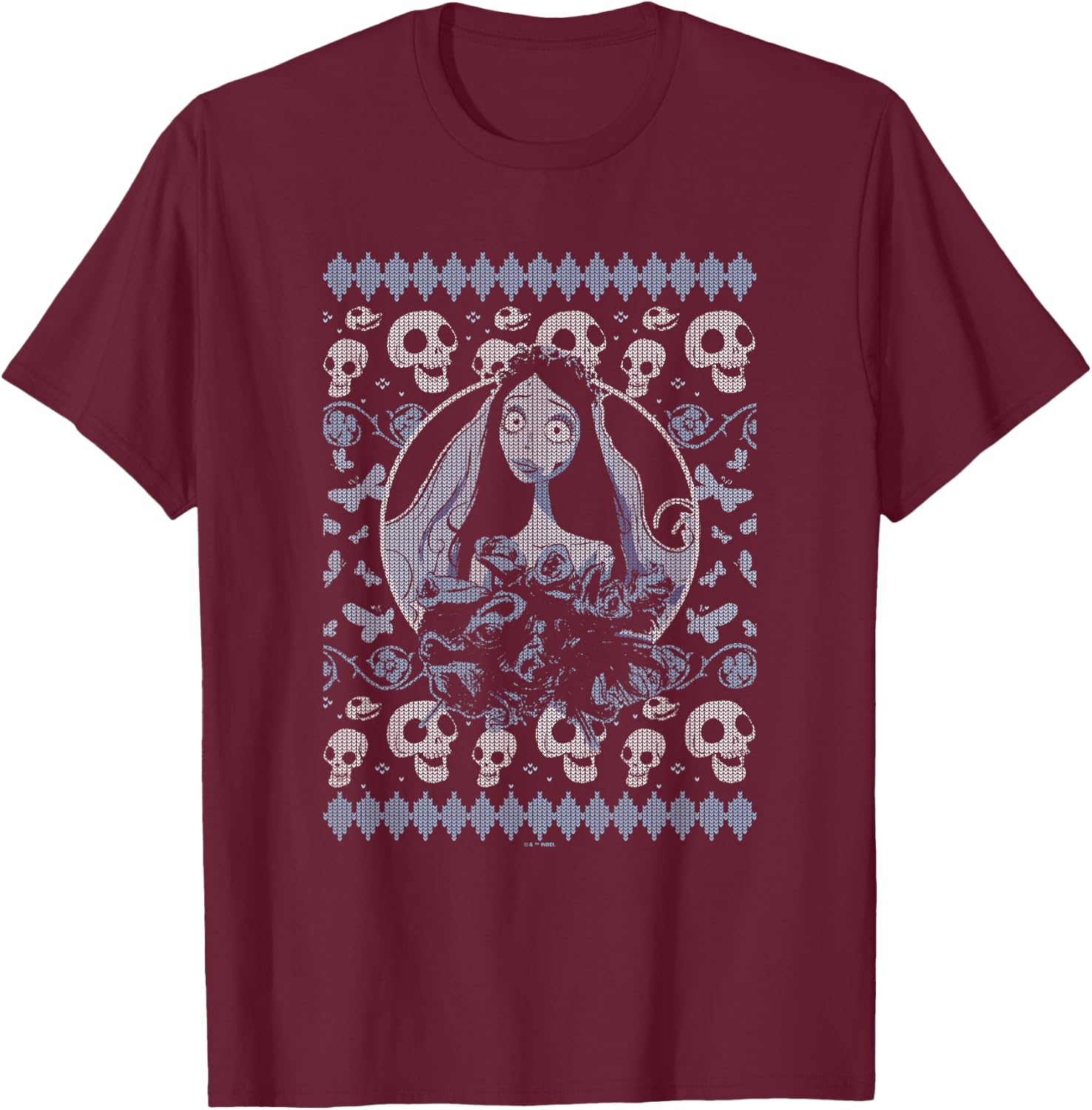 Corpse Bride Emily Skulls And Butterflies Pattern Portrait T-Shirt - T-Shirt | Maroon