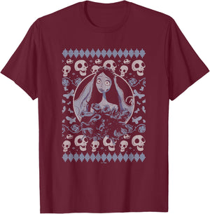 Corpse Bride Emily Skulls And Butterflies Pattern Portrait T-Shirt - T-Shirt | Maroon