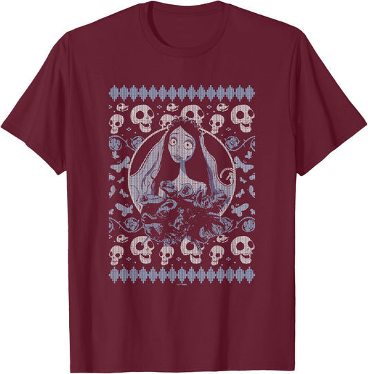 Corpse Bride Emily Skulls And Butterflies Pattern Portrait T-Shirt - T-Shirt | Maroon