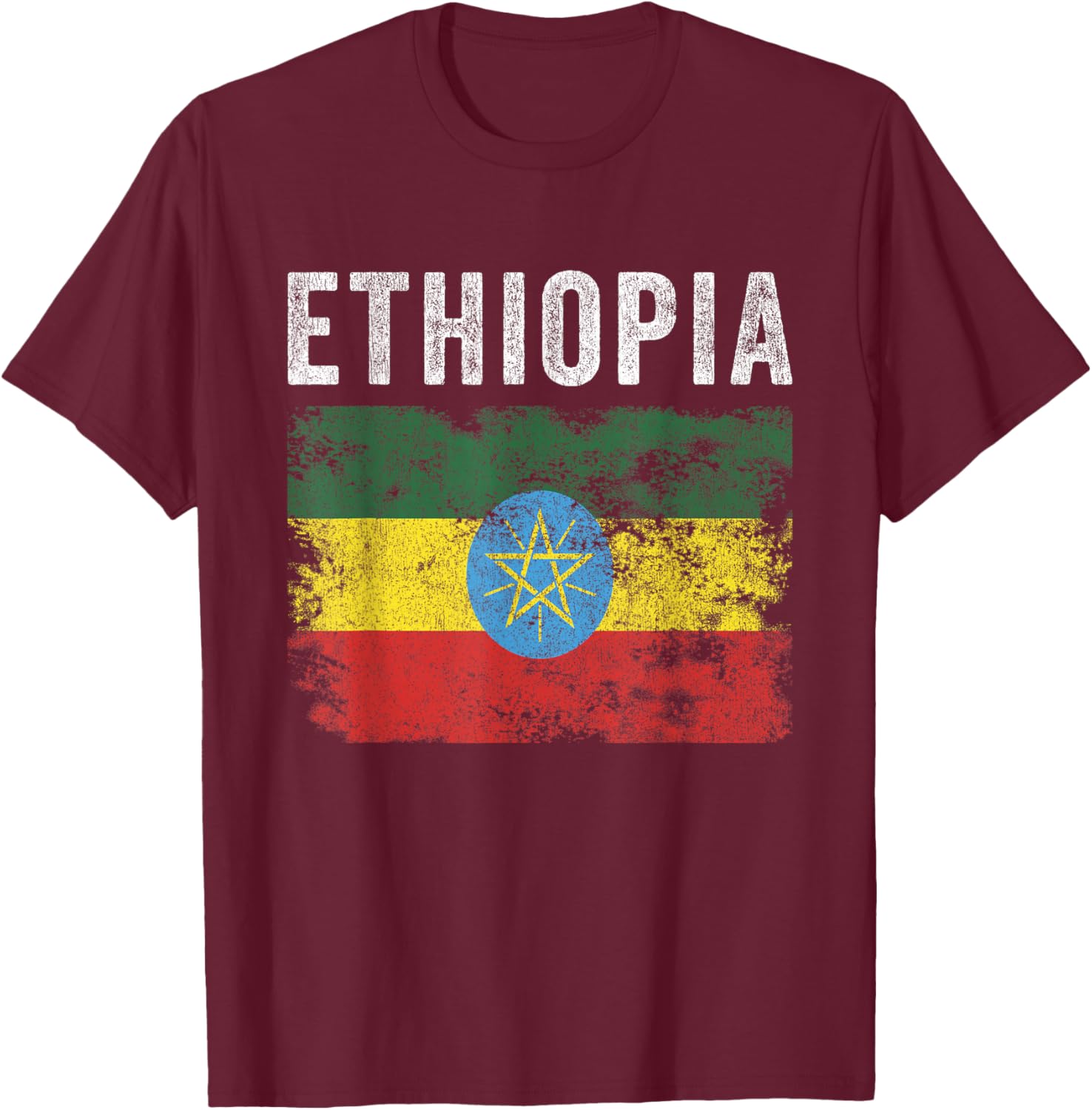 Ethiopia Flag Distressed - Men Women Kids - Ethiopian Flag T-Shirt - T-Shirt | Maroon