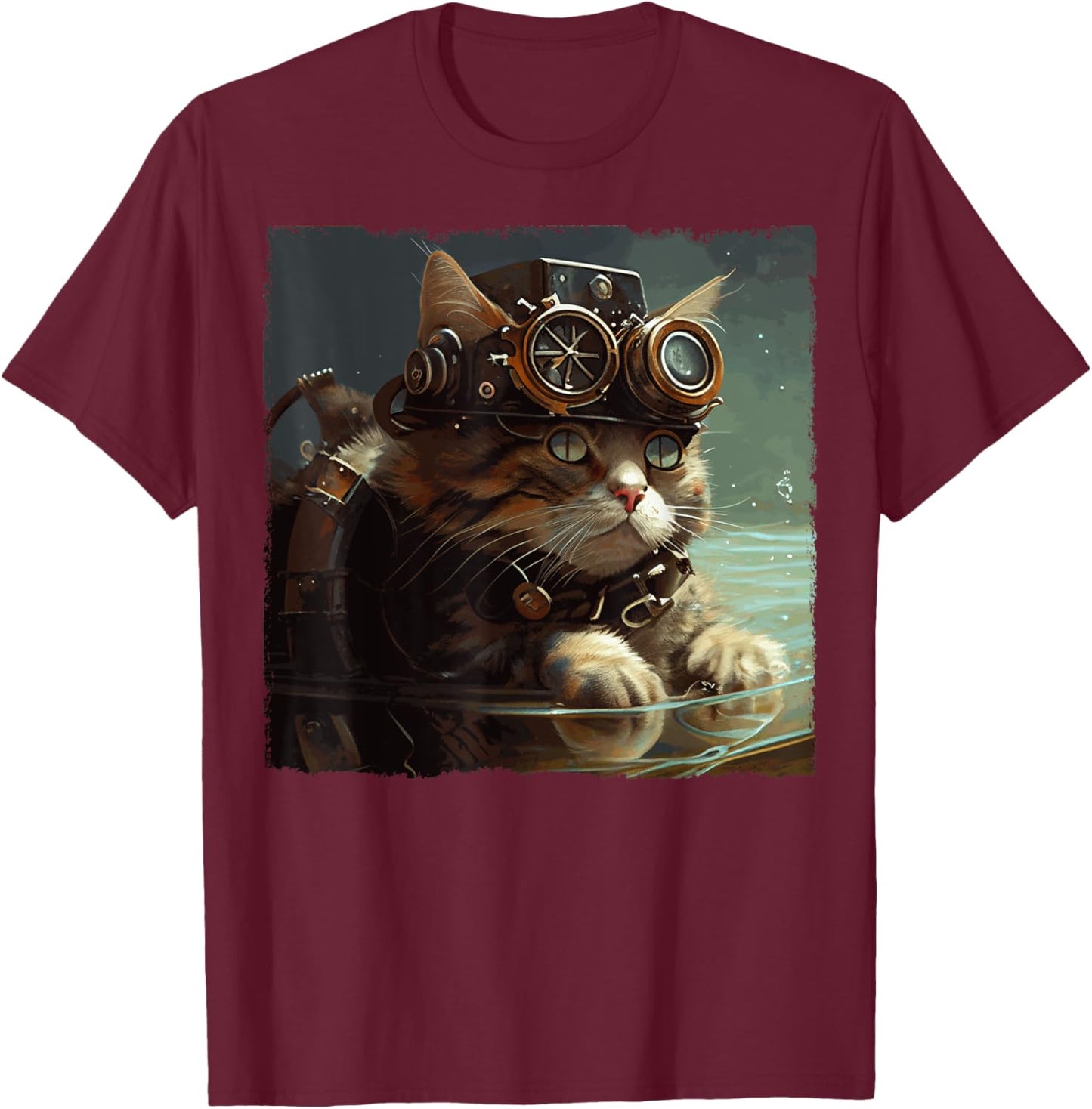 Funny Cat Swimming Steampunk for Kids, Women, Men T-Shirt - T-Shirt | Maroon