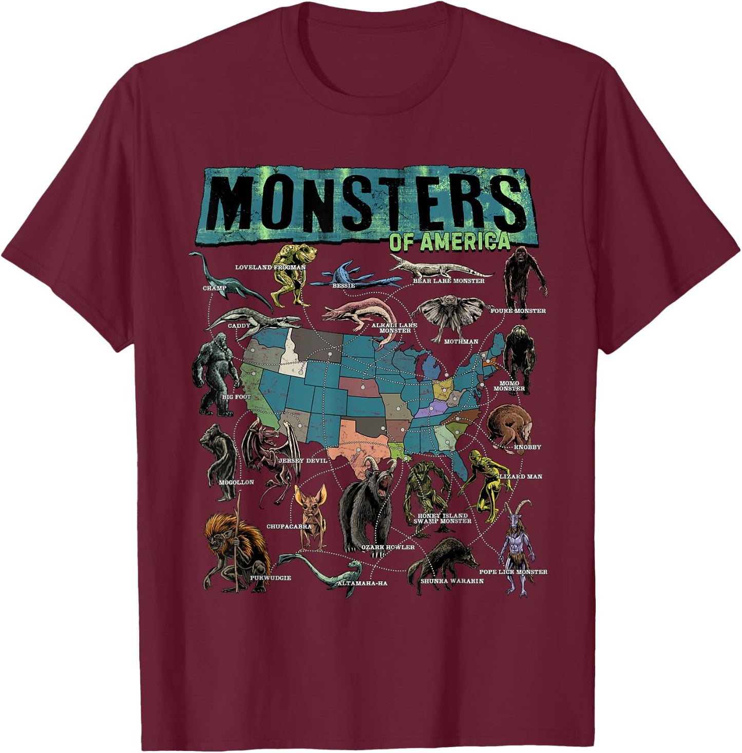 Cryptid Monsters of America Folklore Creature Cryptozoology T-Shirt - T-Shirt | Maroon