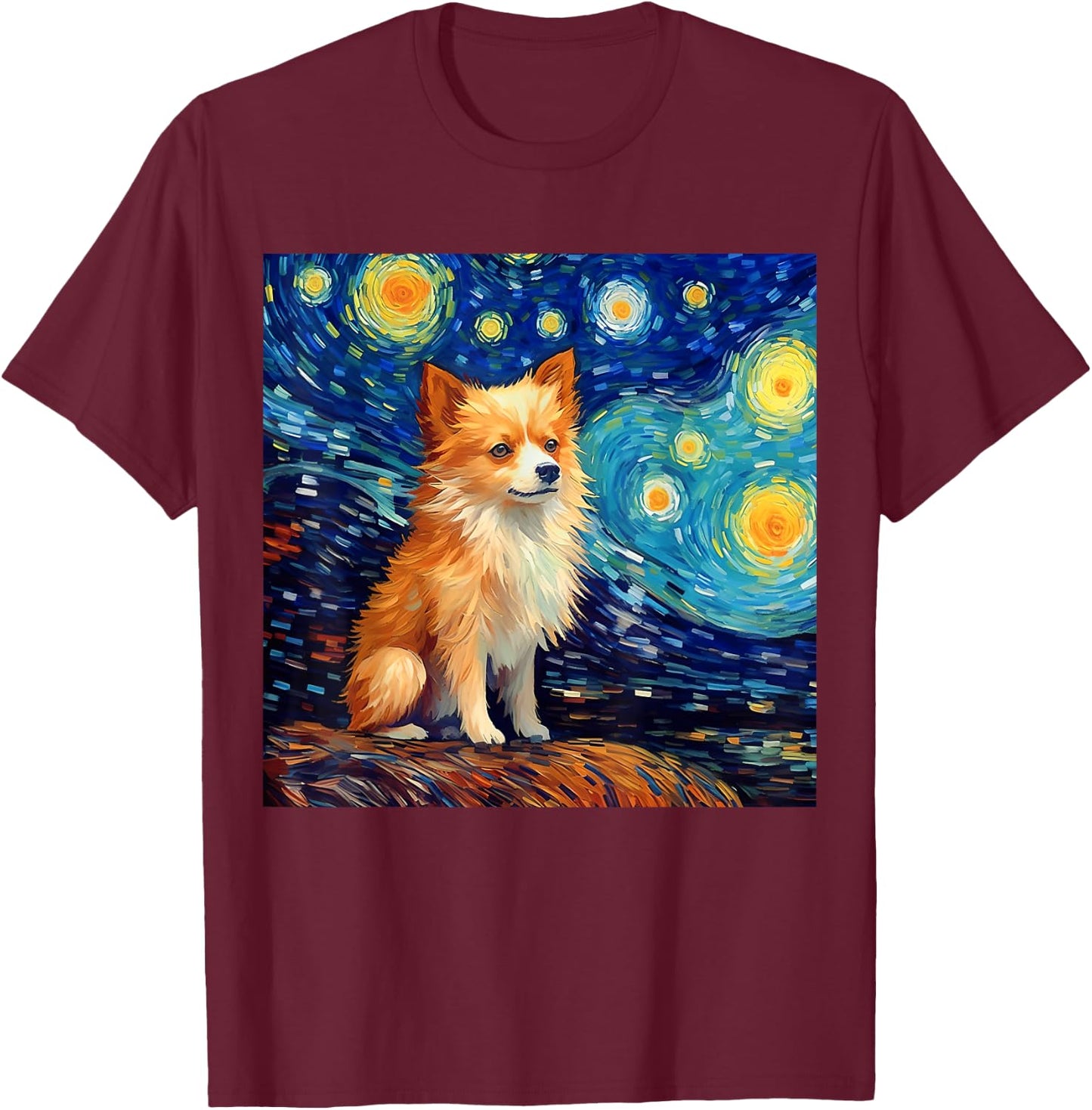 Surreal Starry Night Pomchi Dog T-Shirt - T-Shirt | Maroon