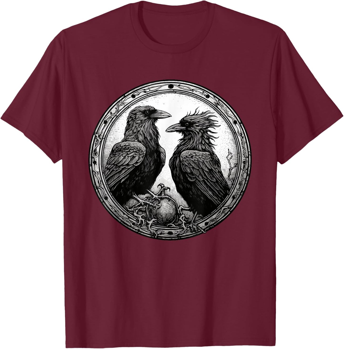 Raven Illustration White Black Ravens Goth Crow T-Shirt - T-Shirt | Maroon