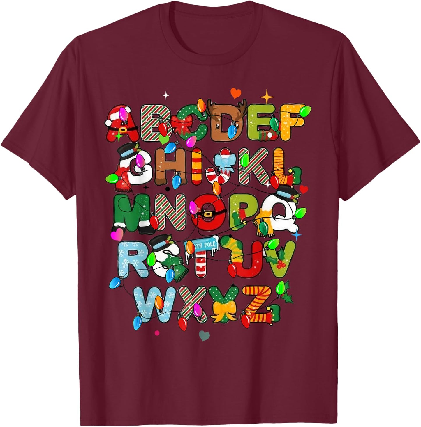 ABCs Learning Kindergarten Teacher Christmas Lights Alphabet Women Kids T-Shirt - T-Shirt | Maroon