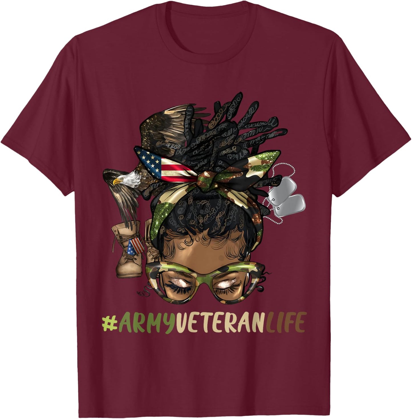 African Afro Messy Bun Loc Army Veteran Soldier Mother Wife T-Shirt - T-Shirt | Maroon