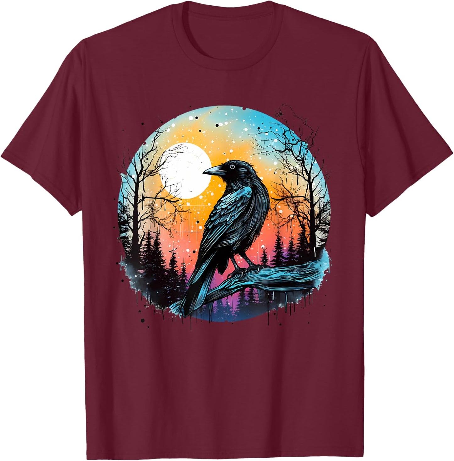 Vintage Raven Crow Forest Bird Graphic Art Design Print T-Shirt - T-Shirt | Maroon