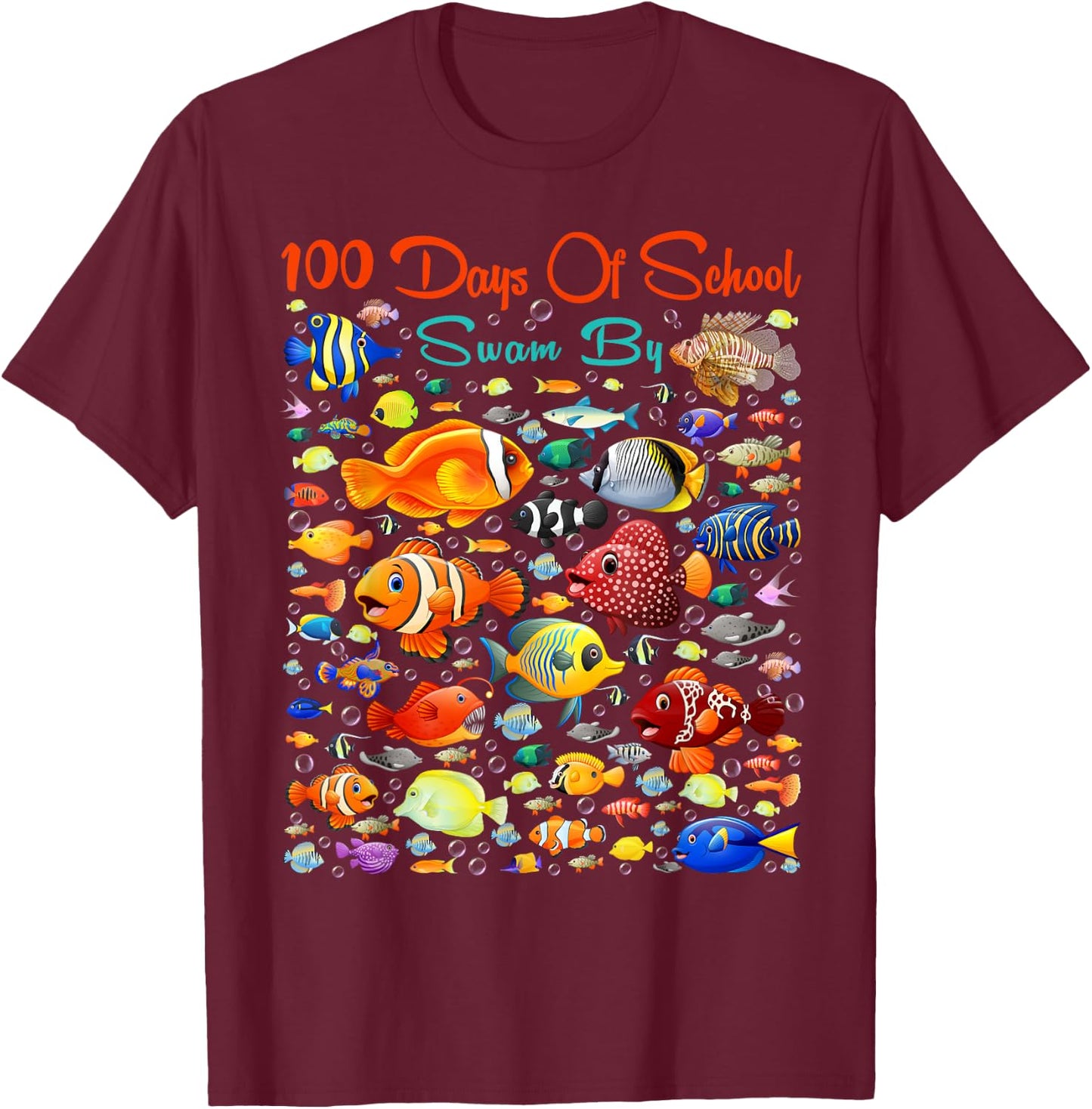 100 Days Of School Swam By Ocean Fishes 100 Days Smarter Kid T-Shirt - T-Shirt | Maroon