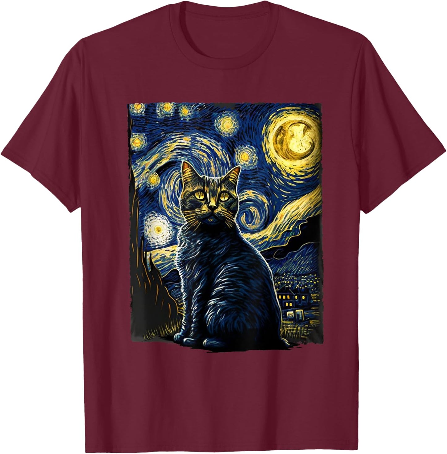 Starry Night Cat Van Gogh Cat Lover Gifts Cat Mom, Cat Dad T-Shirt - T-Shirt | Maroon