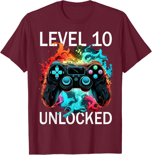 Kids Level 10 Unlocked Video Gamer Retro 10th Birthday Game T-Shirt - T-Shirt | Maroon