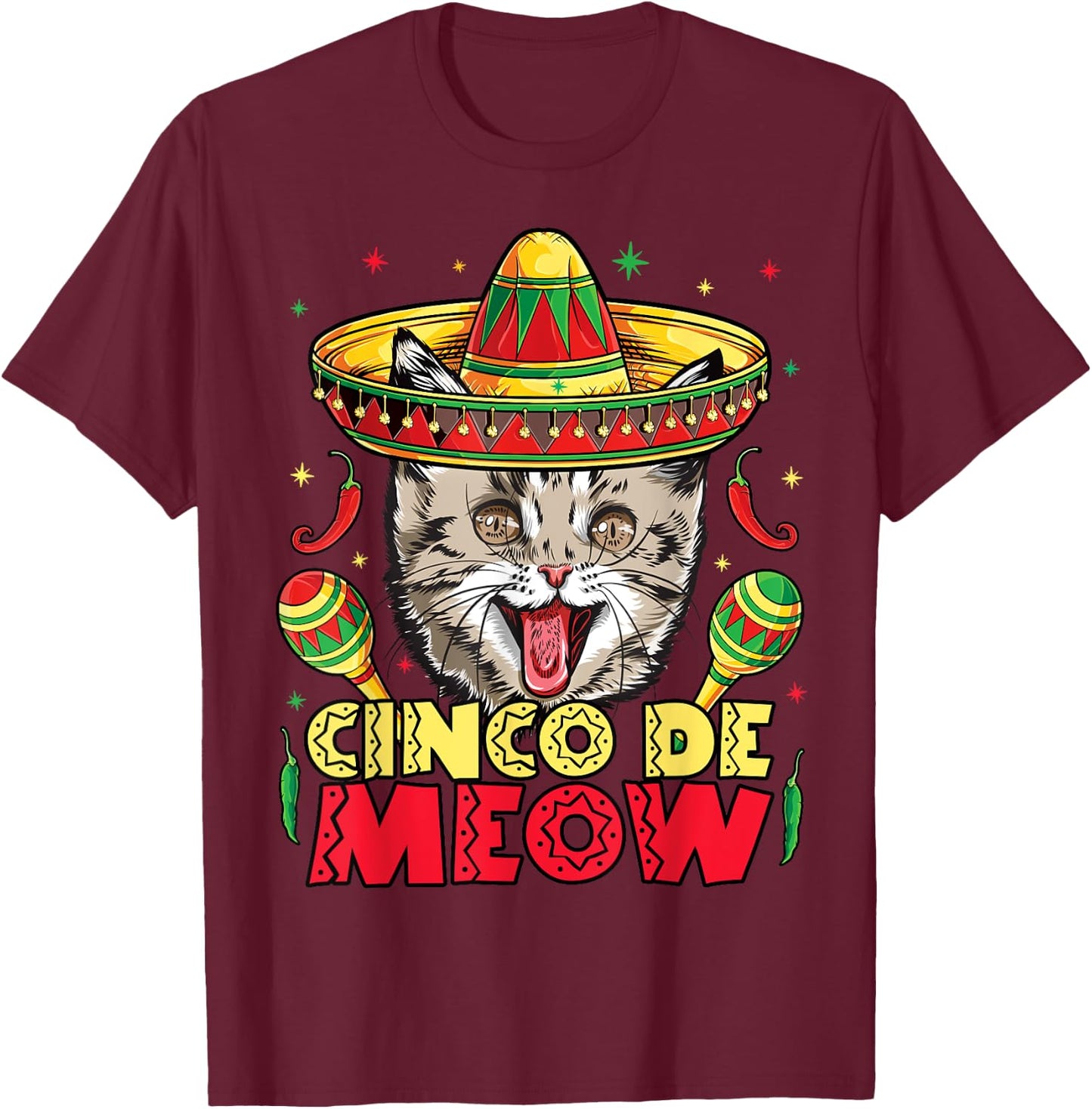 Cinco de Meow Mayo Cat Sombrero Kids Girls Boys Kitty Kitten T-Shirt - T-Shirt | Maroon
