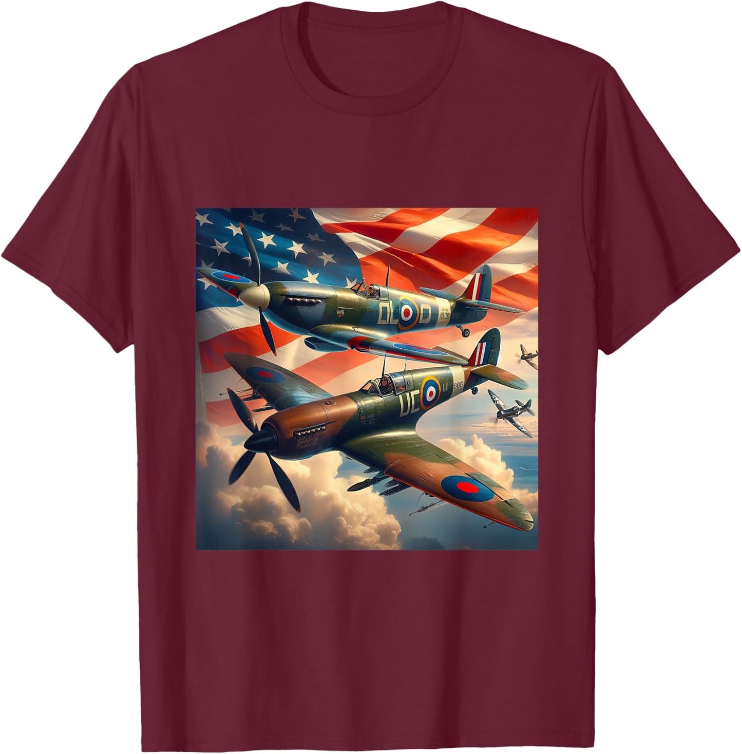 Spitfire F4U Corsair WW2 Airplanes US Flag T-Shirt - T-Shirt | Maroon
